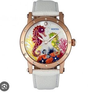 New in box Bertha Morgan Mop Leather Band Ladies Watch Rose Gold White